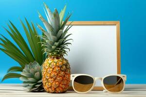 Sunny vibes Pineapple shades, white backdrop, and a sleek mockup board AI Generated photo