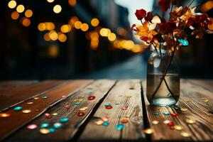 Vibrant confetti decorates wooden table in a vintage filtered scene timelessly festive AI Generated photo