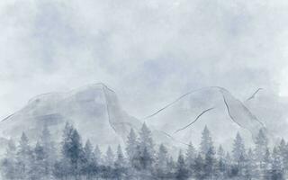 Landscape, pine forest and mountains. Hand drawn illustrations. Snowy atmosphere in winter. There is copy space for designs. Christmas and New Year festival. photo