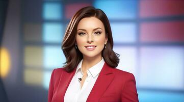 a photo of a tv news female presenter on a popular channel. live stream broadcast on television. AI Generative