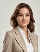 AI Generative, smiling young businesswoman in beige suit looking at camera over white background photo