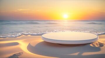 , Empty rounded wooden podium product display on white sand beach over the ocean photo