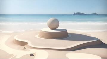 , Empty rounded wooden podium product display on white sand beach over the ocean photo