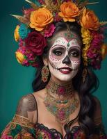 beautiful woman with painted skull on her face for Mexico's Day of the Dead, AI Generative photo