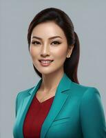 AI Generative, smiling young businesswoman in beige suit looking at camera over white background photo