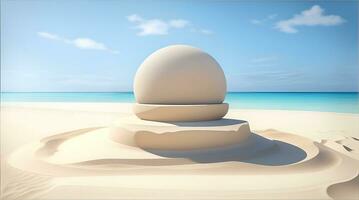 AI Generative, Empty rounded wooden podium product display on white sand beach over the ocean photo