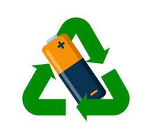 Used battery with green recycling symbol. Waste Electrical and Electronic Equipment. Garbage sorting. Zero waste, environment protection concept. Vector illustration.