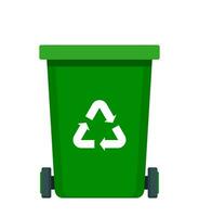 Big green recycle garbage can with recycling symbol on it. Trash bin in cartoon style. Recycling trash can. Vector illustration.