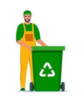 Garbage man in uniform with green trash bin and recycling symbol on it. Garbage sorting. Zero waste, environment protection concept. Vector illustration.