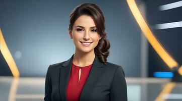 a photo of a tv news female presenter on a popular channel. live stream broadcast on television. AI Generative