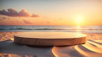 , Empty rounded wooden podium product display on white sand beach over the ocean photo