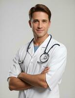 ai generativo, smilling masculino médico retrato. cuidado de la salud médico y medicina concepto. foto