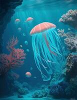 Wonderful and beautiful underwater world with jellyfish, corals and tropical fish, AI Generative photo