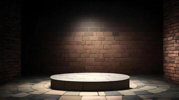 AI Generative, pedestal backdrop with a natural stone and brickwall show scene, minimalist podium background, abstract empty product display photo