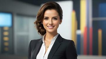 a photo of a tv news female presenter on a popular channel. live stream broadcast on television. AI Generative