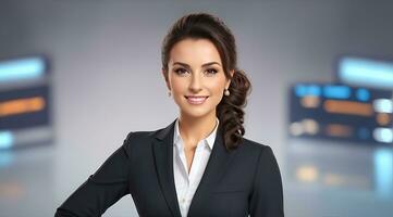 a photo of a tv news female presenter on a popular channel. live stream broadcast on television. AI Generative