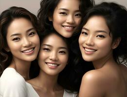 AI Generative, Nature young Beauty. Multi Ethnic Group of Womans with diffrent types of skin together photo