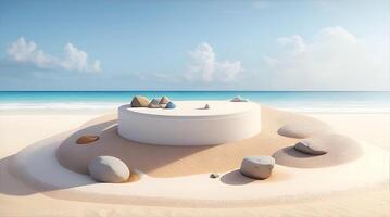 AI Generative, Empty rounded wooden podium product display on white sand beach over the ocean photo