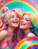 AI Generative, beautiful women styled like dolls with rainbow colors photo