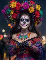 hermosa mujer con pintado cráneo en su cara para de mexico día de el muerto, ai generativo foto