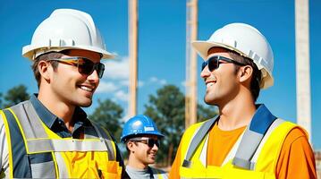 AI Generative, Young male and female site engineer with a safety vest and hardhat photo