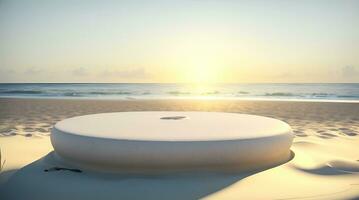 ai generativo, vacío redondeado de madera podio producto monitor en blanco arena playa terminado el Oceano foto