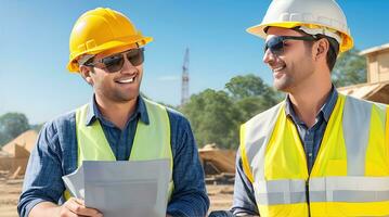 AI Generative, Young male and female site engineer with a safety vest and hardhat photo