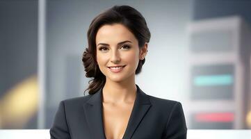 a photo of a tv news female presenter on a popular channel. live stream broadcast on television. AI Generative