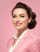 AI Generative, smiling young businesswoman in beige suit looking at camera over white background photo