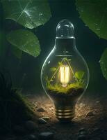 Green concept green light bulb with green life and enviroment. AI Generative photo