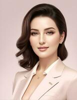 AI Generative, smiling young businesswoman in beige suit looking at camera over white background photo