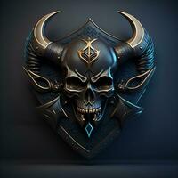 AI Generative, 3d illustration of a skull with horns and shield photo