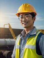 AI Generative, Young man site engineer with a safety vest and hardhat photo