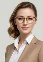 smiling young businesswoman in beige suit looking at camera over white background photo