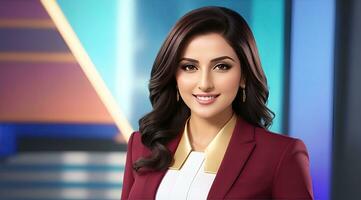 a photo of a tv news female presenter on a popular channel. live stream broadcast on television. AI Generative