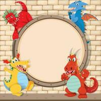 Border design with dragons on brick wall vector