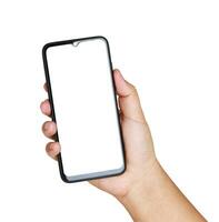 Smartphone concept. A man holding a black smartphone with a white screen. White background. Clipping Path photo