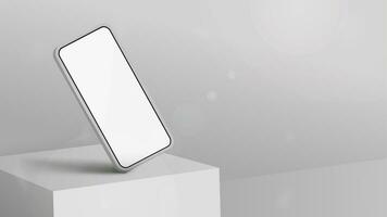 White smartphone on square podium for product presentation, 3d realistic vector illustration. Smartphone mockup for your arts photo