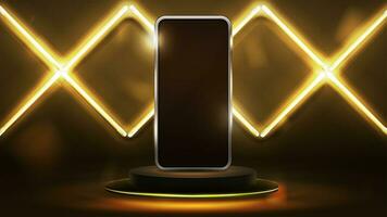 Smartphone on gold empty podium in dark scene with wall of line rhombus gold neon lamps photo