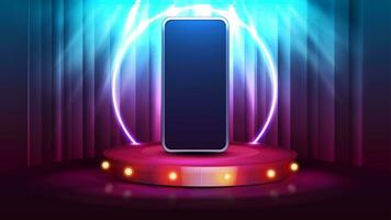 Smartphone on cartoon red round podium with bulbs lights and spotlight on background with curtain photo