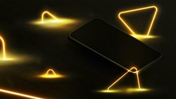 Black smartphone on dark background with yellow neon triangles around. Smartphone mockup for your arts photo