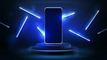 Smartphone on round dark podium with line random flying lamps around, 3d realistic vector illustration. Blue and dark digital scene with phone mockup photo