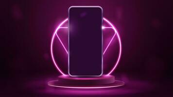 Smartphone on podium with pink neon ring and triangle frame on background photo