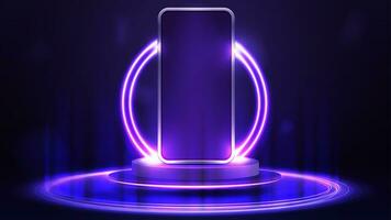 Smartphone mockup on empty purple podium floating in the air with purple neon rings on background and hologram of digital rings on a floor photo