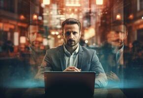 Ai generative double exposure photo of a business man using laptop on his desk front view office background realistic image, ultra hd, high design very detailed