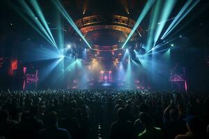 Ai generative Crowded Concert Stage Scenery With Spotlights and Colored Lights realistic image, ultra hd photo