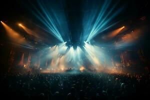 Ai generative Crowded Concert Stage Scenery With Spotlights and Colored Lights realistic image, ultra hd photo