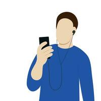 Portrait of a guy with headphones and a phone in his hand, flat vector, isolate on white, faceless illustration vector