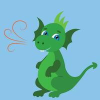 Cute simple green dragon on a blue background, flat vector, symbol of the year vector