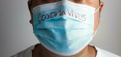 A fat Asian man wearing a blue mask writes the word Coronavirus. Concept of prevention of COVID-19 Social spacing prevents the spread of the virus, taking care of obese people. photo